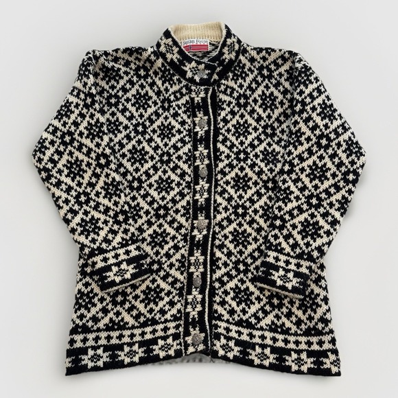 Vintage Susan Fosse 100% Wool Knit Cardigan-Medium/Large-Black& Cream Print-Cozy - Picture 1 of 5